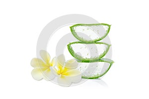 Aloe vera with slice and Plumeria white color for spa relax on white background , herb and medical concept, selective focus