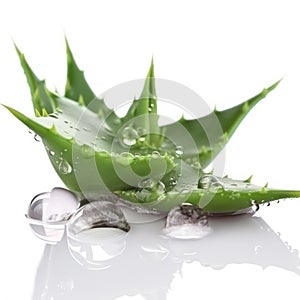 Aloe vera sliced with gel dripping isolated on white background.