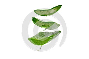 Aloe vera sliced leaf with dripping gel isolated on white background