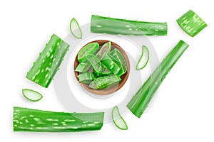 Aloe vera sliced in wooden bowl isolated on white background with clipping path and full depth of field. Top view. Flat