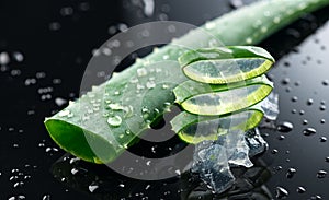 Aloe Vera slices closeup. Aloevera plant leaf gel, natural organic renewal cosmetics, alternative medicine