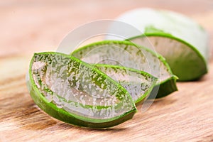 Aloe Vera slices closeup. Slice of Aloevera plant leaf, gel, natural organic renewal cosmetics