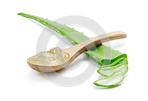Aloe Vera slices and Aloe Vera gel on wooden spoon photo
