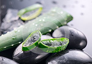 Aloe Vera slices and spa stones closeup on black background. Aloevera plant leaf gel, natural organic renewal cosmetics