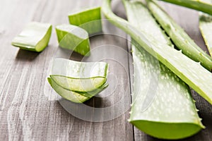 Aloevera fresh leaf on the wooden table