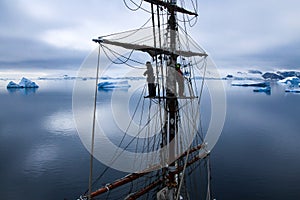 Aloft in a tallship, sailboat in Antarctica