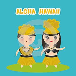 Aloha Hawaii Card design Hawaiian Hula Dancer Kawaii boy girl on bliue background. Vector