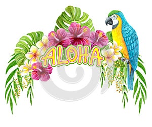 Aloha Hawaii greeting. Hand drawn watercolor painting with Parrot Macaw, Hibiscus flowers and palm leaf isolated on white