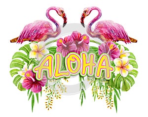 Aloha Hawaii greeting. Hand drawn watercolor painting with two pink Flamingo, Chinese Hibiscus rose flowers and palm leave