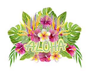 Aloha Hawaii greeting. Tropical greenery bouquet. Hand drawn watercolor painting with Hibiscus flowers and palm leaves. Design