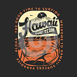 Aloha hawaii waves surfing vector illustration, t-shirt graphics