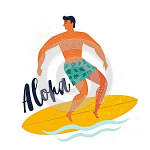 Aloha poster surfer on surfboard catching waves in ocean. Beach and surfings design for poster, t-shirt or cards