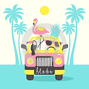 Aloha summer poster with toucan, flamingo, parrot, pineapple in the car. Can be used for poster, greeting card, bags, t-shirt.