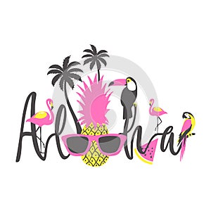 Aloha summer poster with toucan, flamingo, parrot, pineapple and palm.