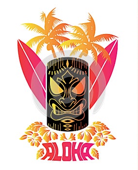 Aloha Vector illustration of tiki mask with surf boards and Hawaiian Plants and Tropical Flowers