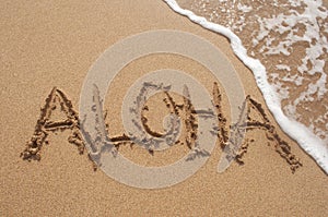 Aloha Written in Sand on Beach with Wave