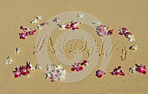 Aloha written in the sand with Orchids in Hawaii