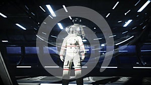 Alone astronaut in futuristic space corridor, room. view of the earth. 3d rendering.