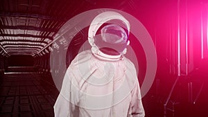 Alone astronaut looks at the planet earth in futuristic interior, the planet earth reflects in a spacesuit helmet. Cinematic 3d