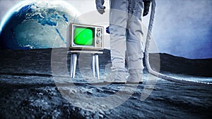 Alone astronaut on the moon watch old TV. Tracking your content. Ralistic 4K animation.