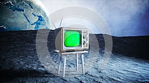 Alone astronaut on the moon watch old TV. Tracking your content. Ralistic 4K animation.