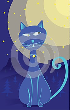 Alone blue cartoon cat at night