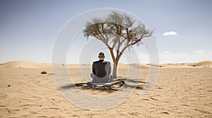 Alone businessman resting on the tree in shade, lost in desert