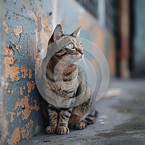 Alone, a cat sits on the cold cement floor, deep introspection