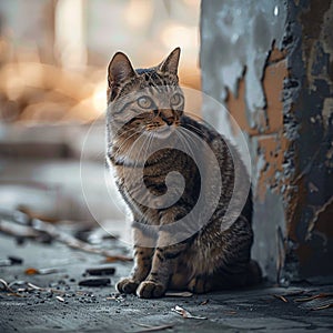 Alone, a cat sits on the cold cement floor, deep introspection