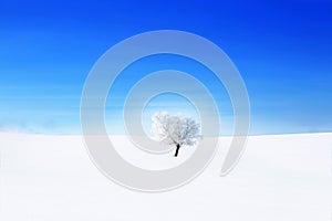 Alone frozen tree covered snow in the winter white field against clear blue sky