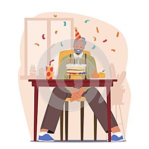 Alone On His Birthday, A Sorrowful Senior Man Sits Amidst A Simple Cake And Fading Memories, Vector Illustration