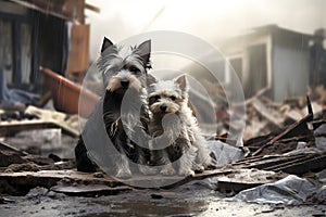alone and hungry dogs after disaster on the background of house rubble, neural network generated image