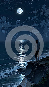 alone man watching moon light