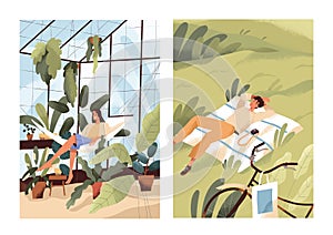 Alone with nature, solitude concept. Happy relaxed woman in greenhouse with plants. Single man relaxing or sleeping in