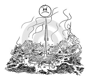Alone Person Trapped in Hot Lava, Vector Cartoon Stick Figure Illustration