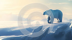 Alone polar bear walking across a vast, snow-covered plain