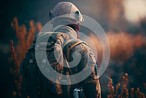 Alone soldier, standing with a backpack, against the backdrop of a autumn landscape