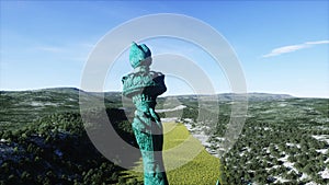 Alone statue of liberty in grass field. Aerial view. Postapocalyptic concept. 3d rendering.