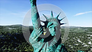 Alone statue of liberty in grass field. Aerial view. Postapocalyptic concept. 3d rendering.