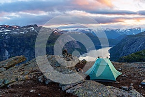 Alone tent on Trolltunga rock