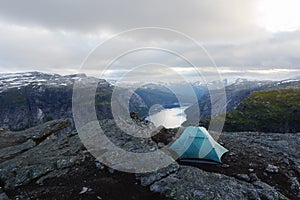 Alone tent on Trolltunga rock