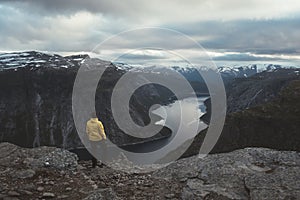 Alone tourist on Trolltunga rock