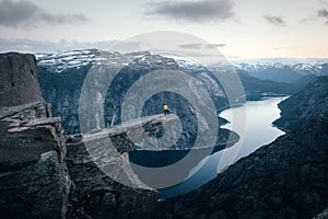 Alone tourist on Trolltunga rock