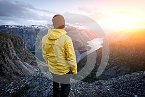 Alone tourist on Trolltunga rock