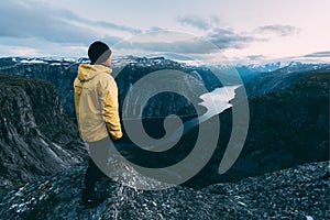 Alone tourist on Trolltunga rock