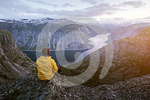 Alone tourist on Trolltunga rock