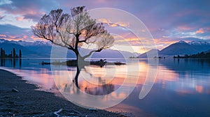Alone tree on the lake at sunrise. Lake Wanaka, New Zealand