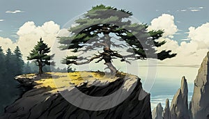 Alone twisted old pine tree on the edge of a cliff. Color illustration, drawing.