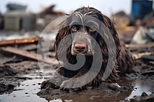 alone wet and dirty English Cocker Spaniel after disaster on the background of house rubble, neural network generated