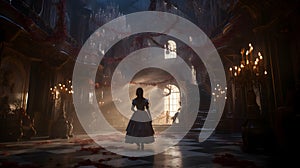 Alone woman in Baroque dress standing inside large abanodned mansion hall in Baroque style, neural network generated photo